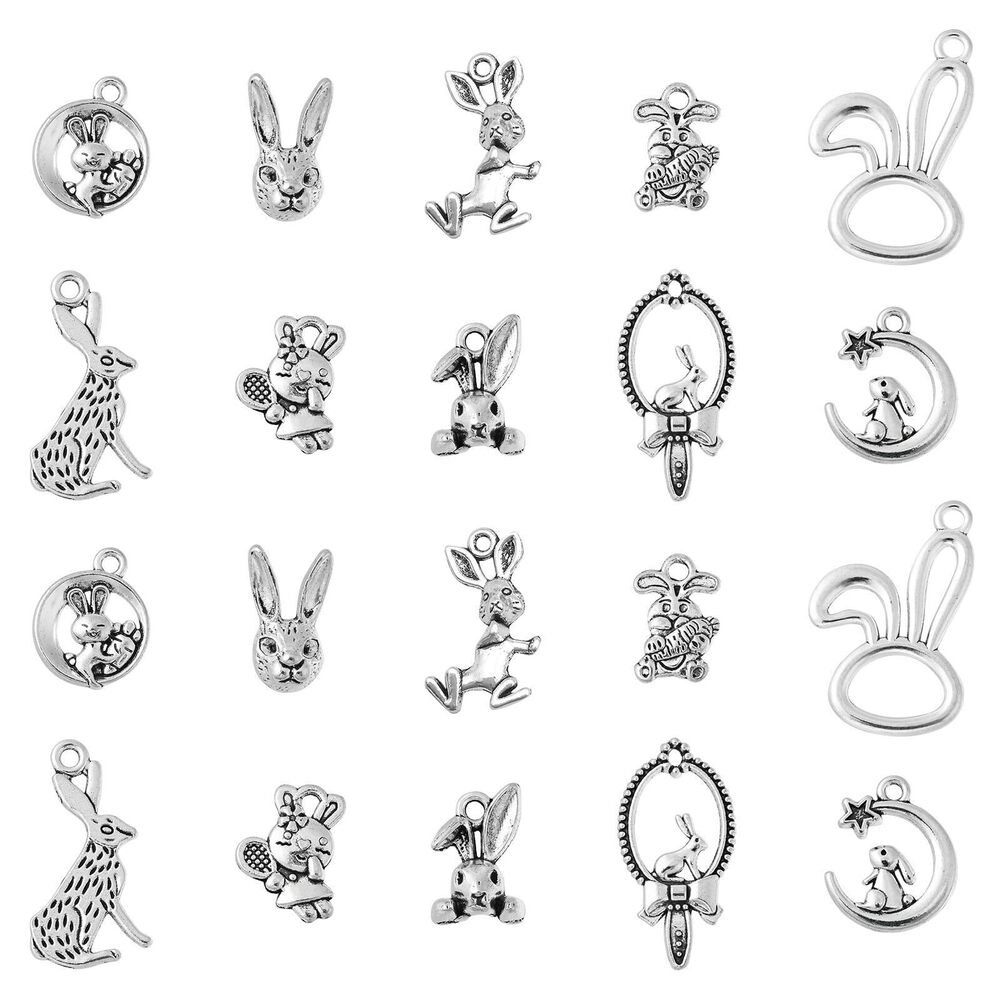 5872 100 pcs 10 Styles Tibetan Style Rabbit Theme Alloy Charms Vintage Moon